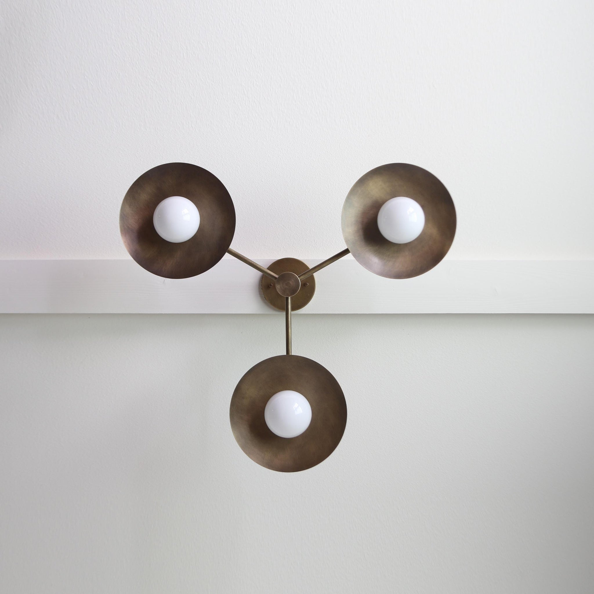 Three-Light Brass Disc Chandelier with Opal Globes