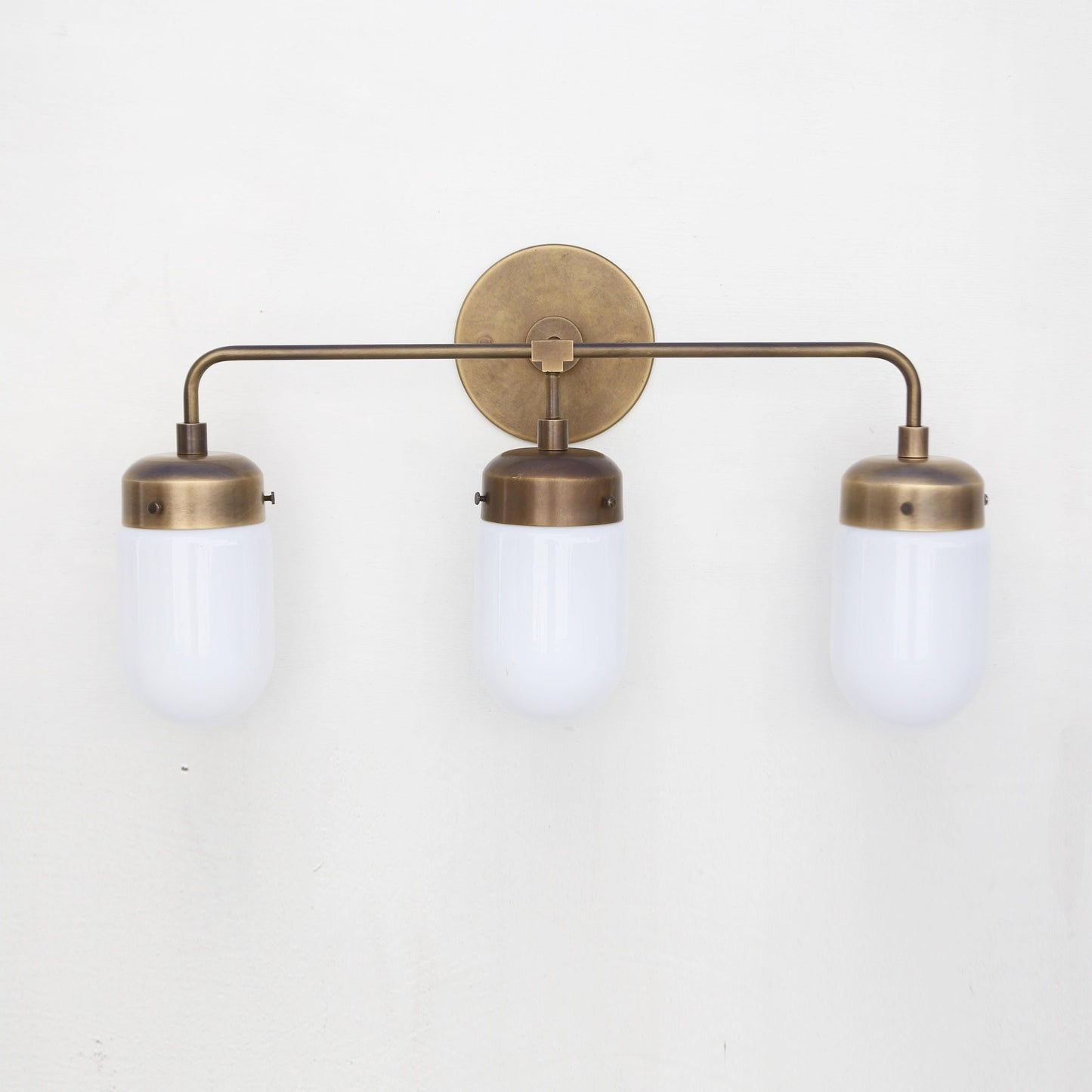 Three-Light Brass Vanity Sconce with Opal Glass Cylinder Shades