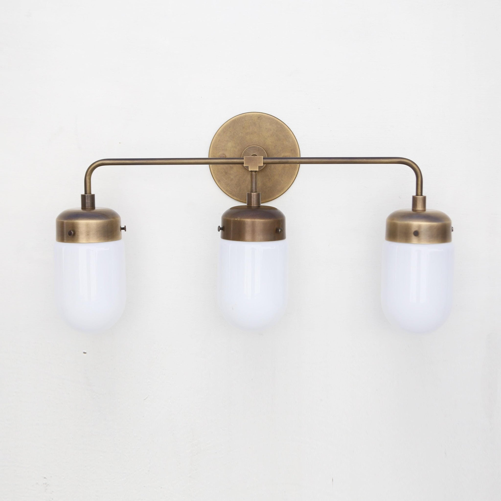 Three-Light Brass Vanity Sconce with Opal Glass Cylinder Shades