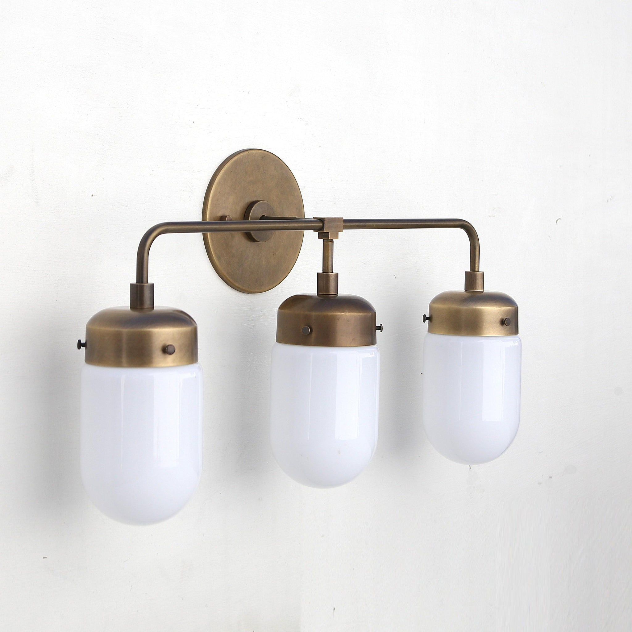 Three-Light Brass Vanity Sconce with Opal Glass Cylinder Shades