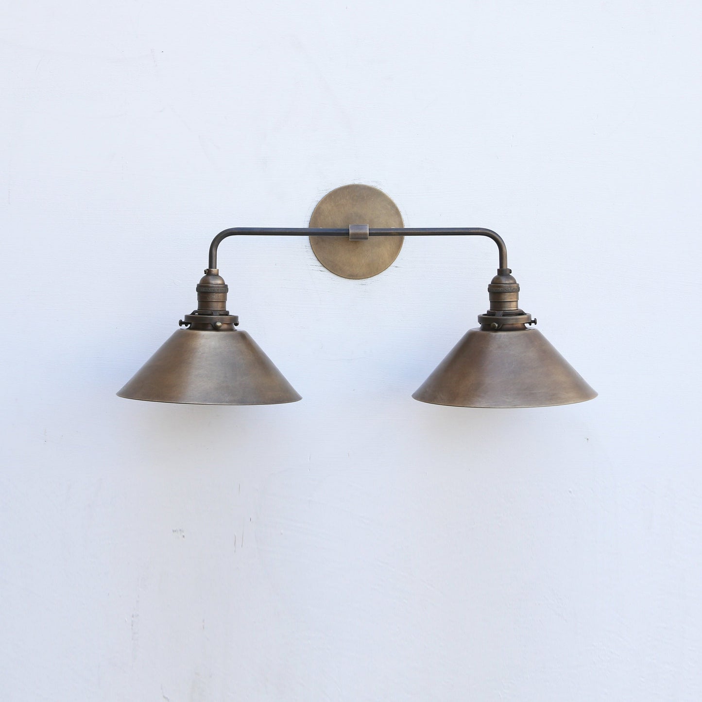 Two-Light Brass Cone Shade Vanity Sconce