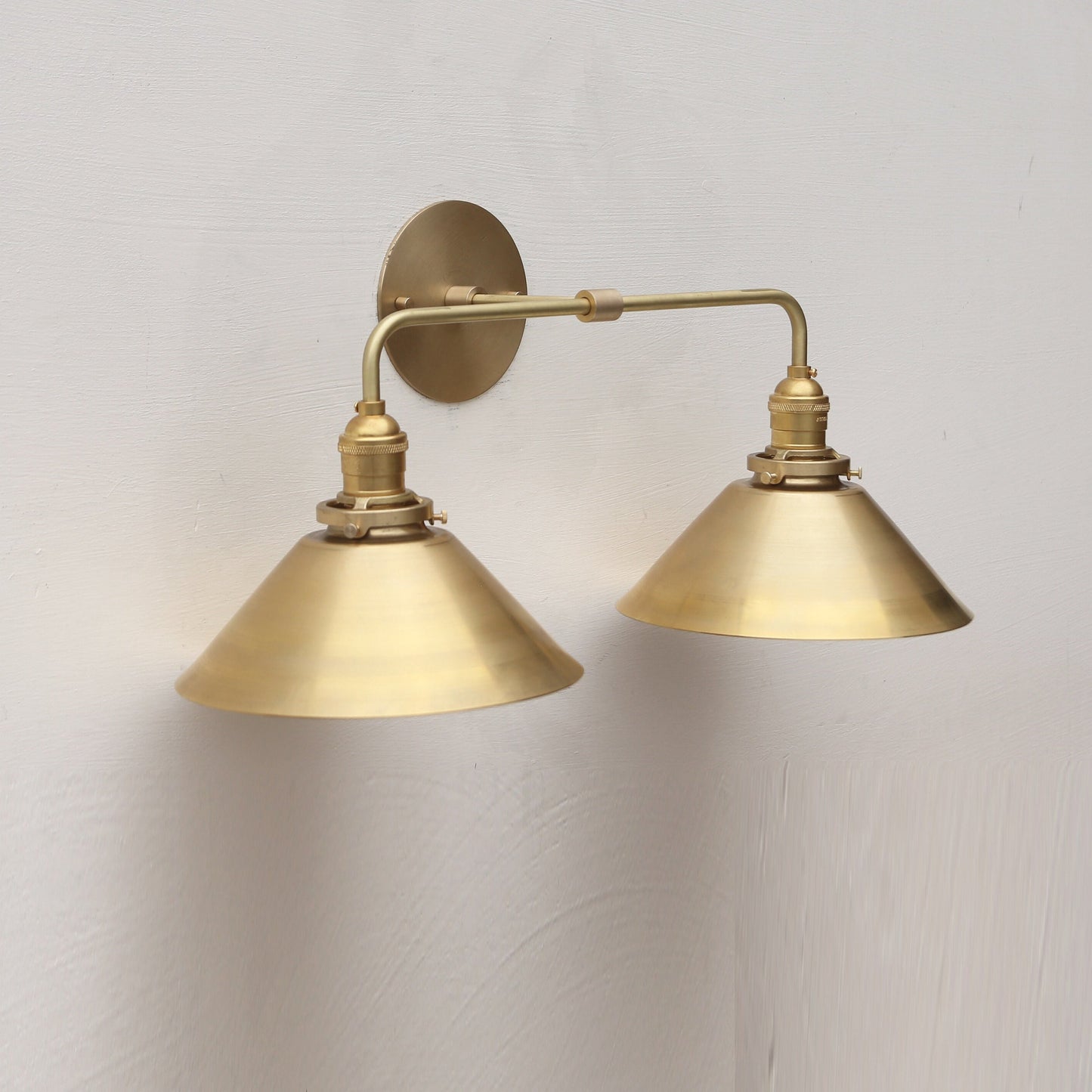 Two-Light Brass Cone Shade Vanity Sconce