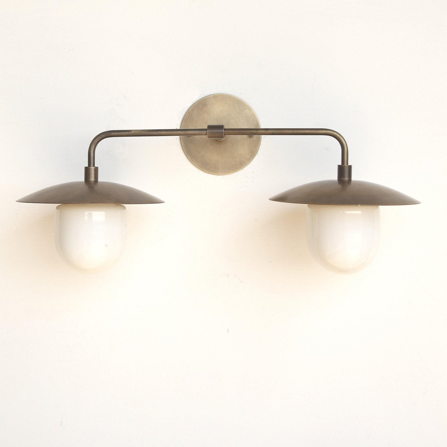 Two-Light Brass Dish Vanity Sconce with Milk Glass Shades