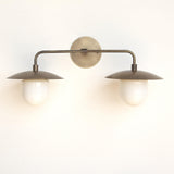 Two-Light Brass Dish Vanity Sconce with Milk Glass Shades