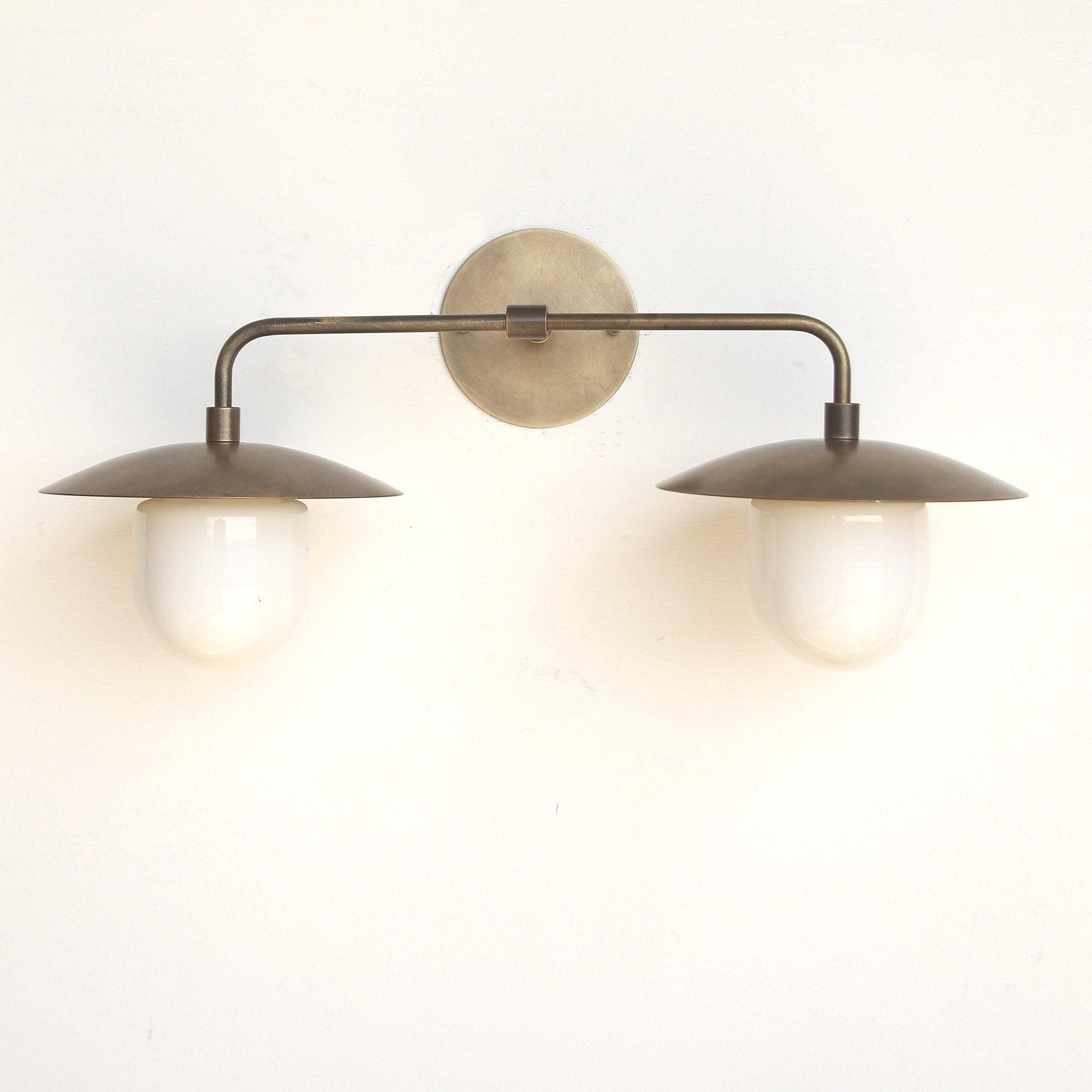 Two-Light Brass Dish Vanity Sconce with Milk Glass Shades