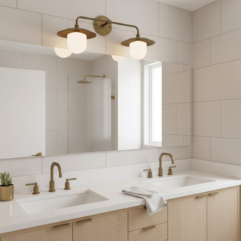 Two-Light Brass Dish Vanity Sconce with Milk Glass Shades