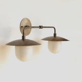 Two-Light Brass Dish Vanity Sconce with Milk Glass Shades