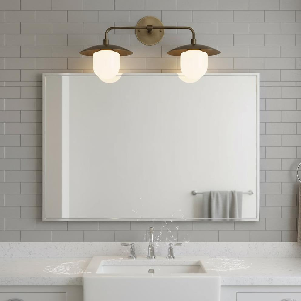 Two-Light Brass Dish Vanity Sconce with Milk Glass Shades