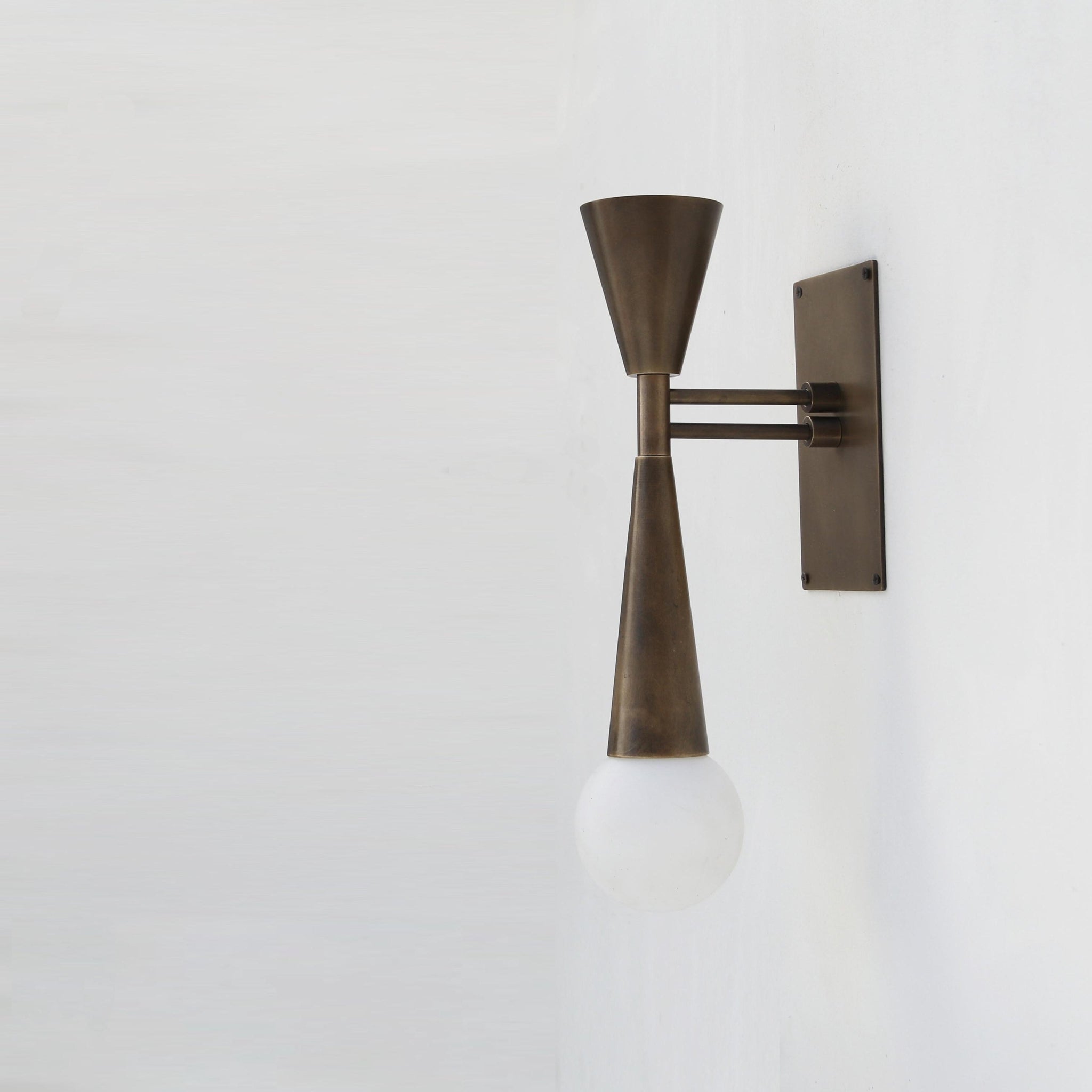 Two-Light Brass Double-Cone Wall Sconce with Exposed Globe