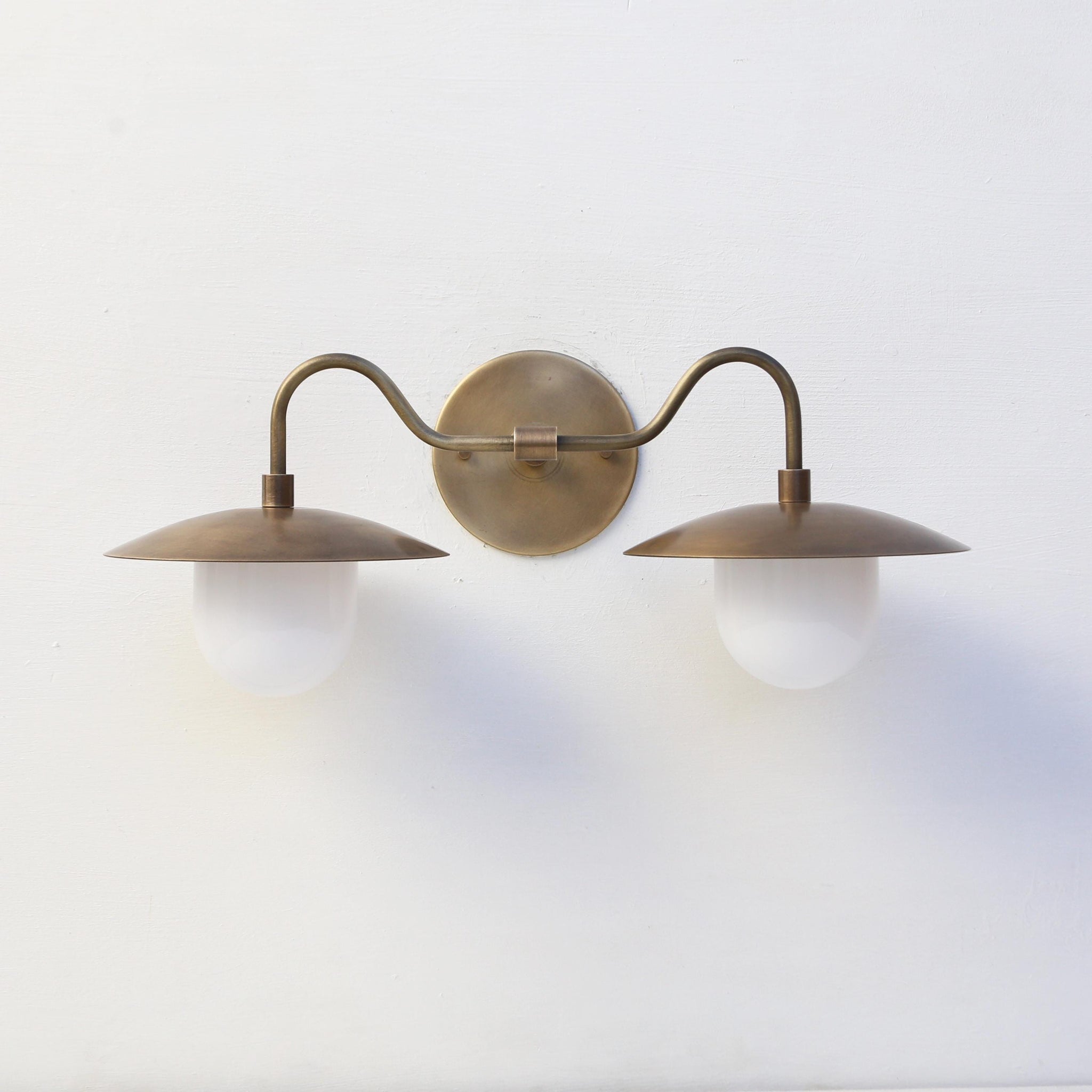 Two-Light Brass Gooseneck Wall Sconce with Glass Shades