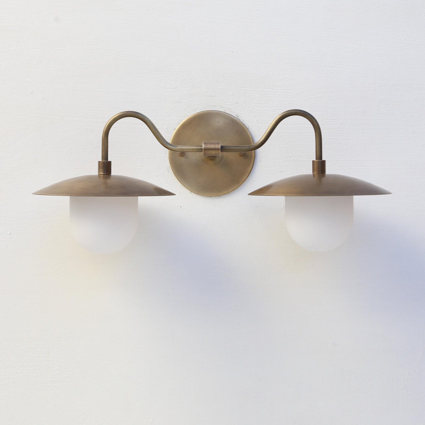 Two-Light Brass Gooseneck Wall Sconce with Glass Shades