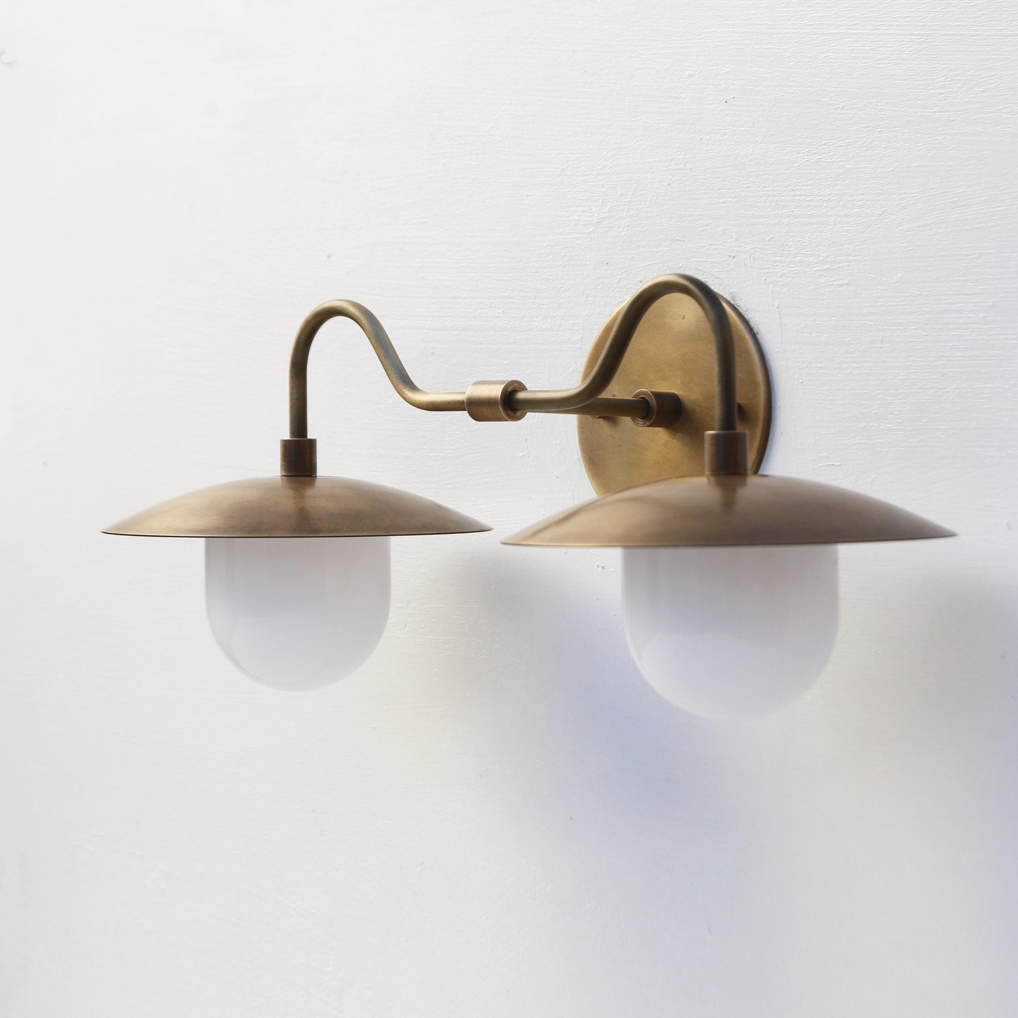 Two-Light Brass Gooseneck Wall Sconce with Glass Shades