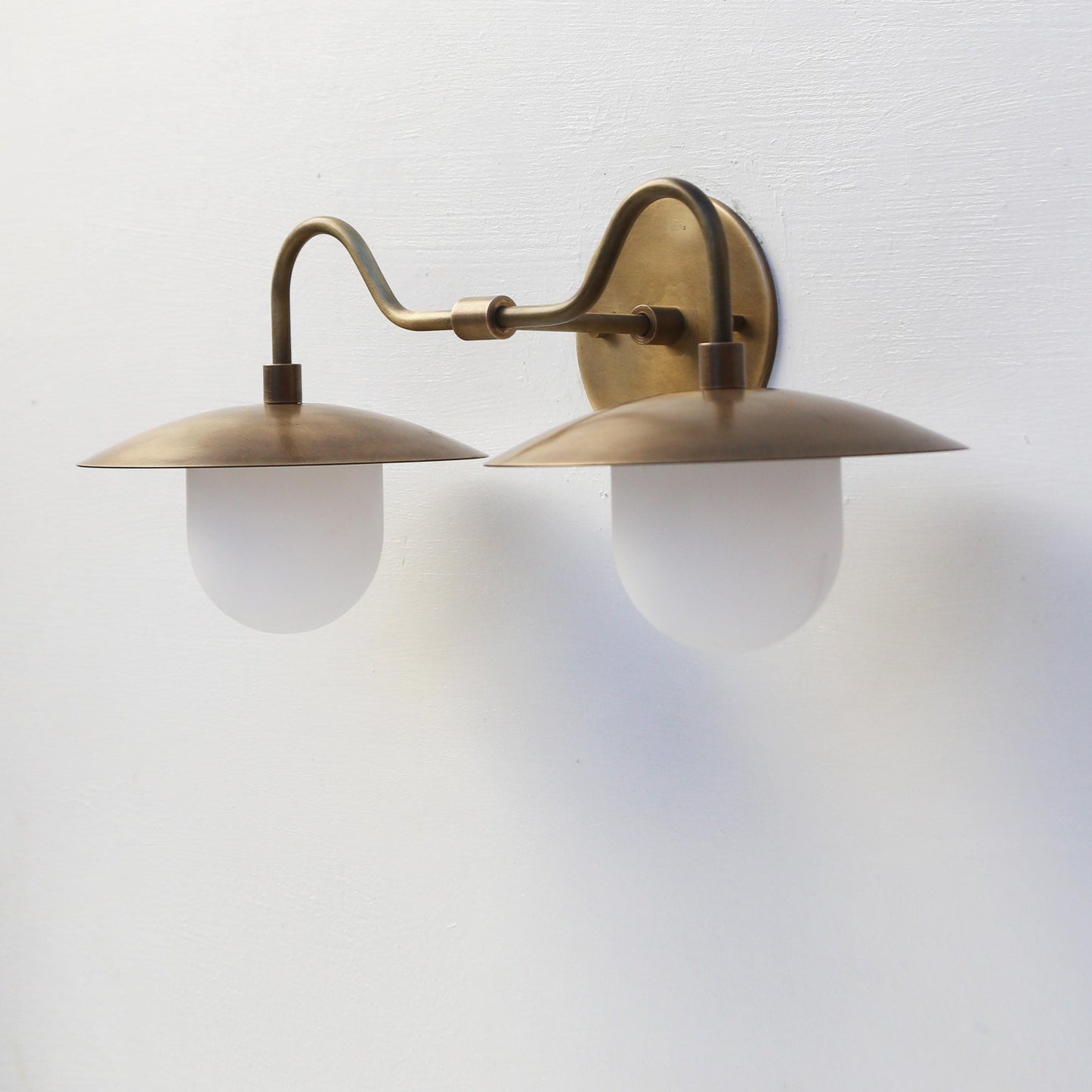 Two-Light Brass Gooseneck Wall Sconce with Glass Shades