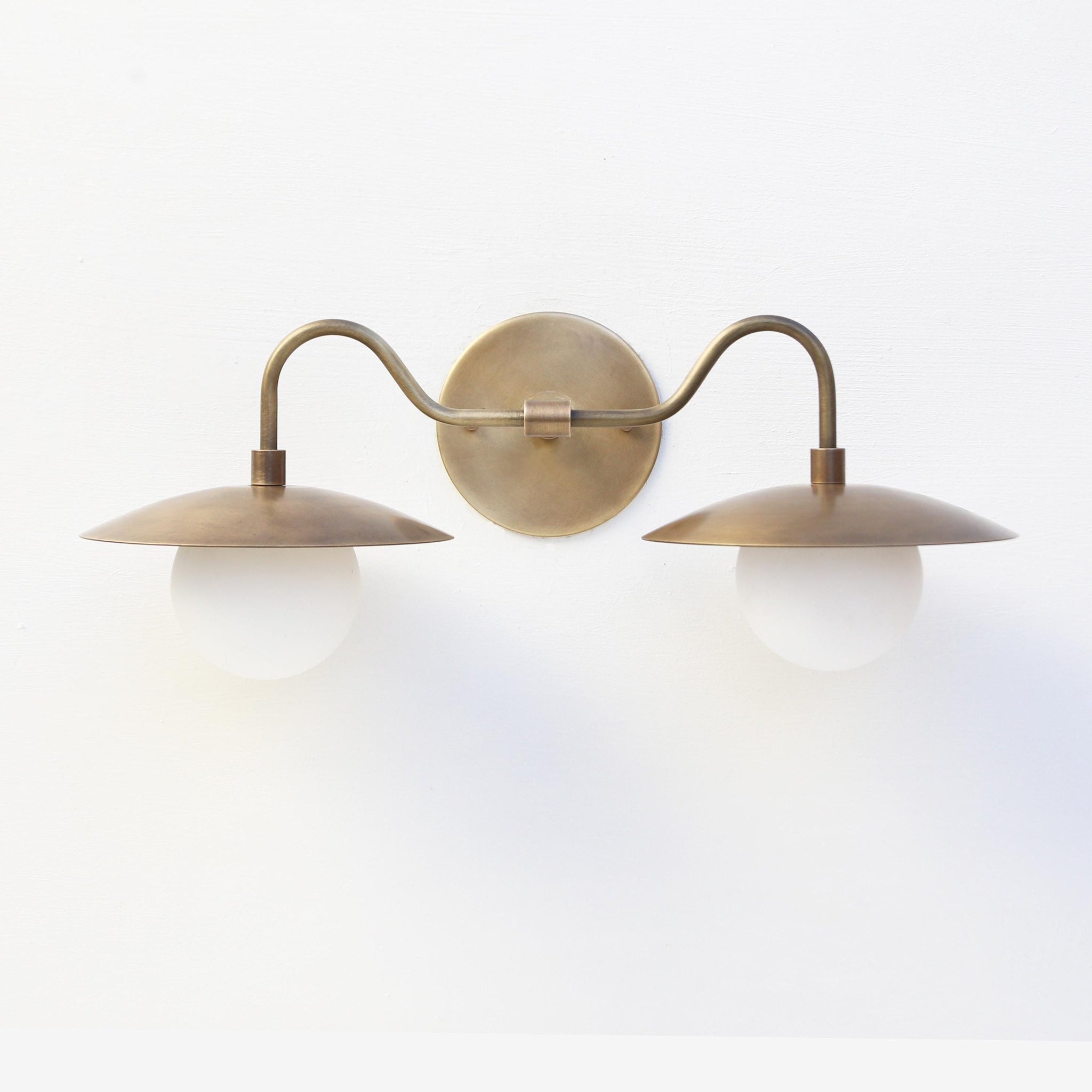 Two-Light Brass Gooseneck Wall Sconce with Opal Globes