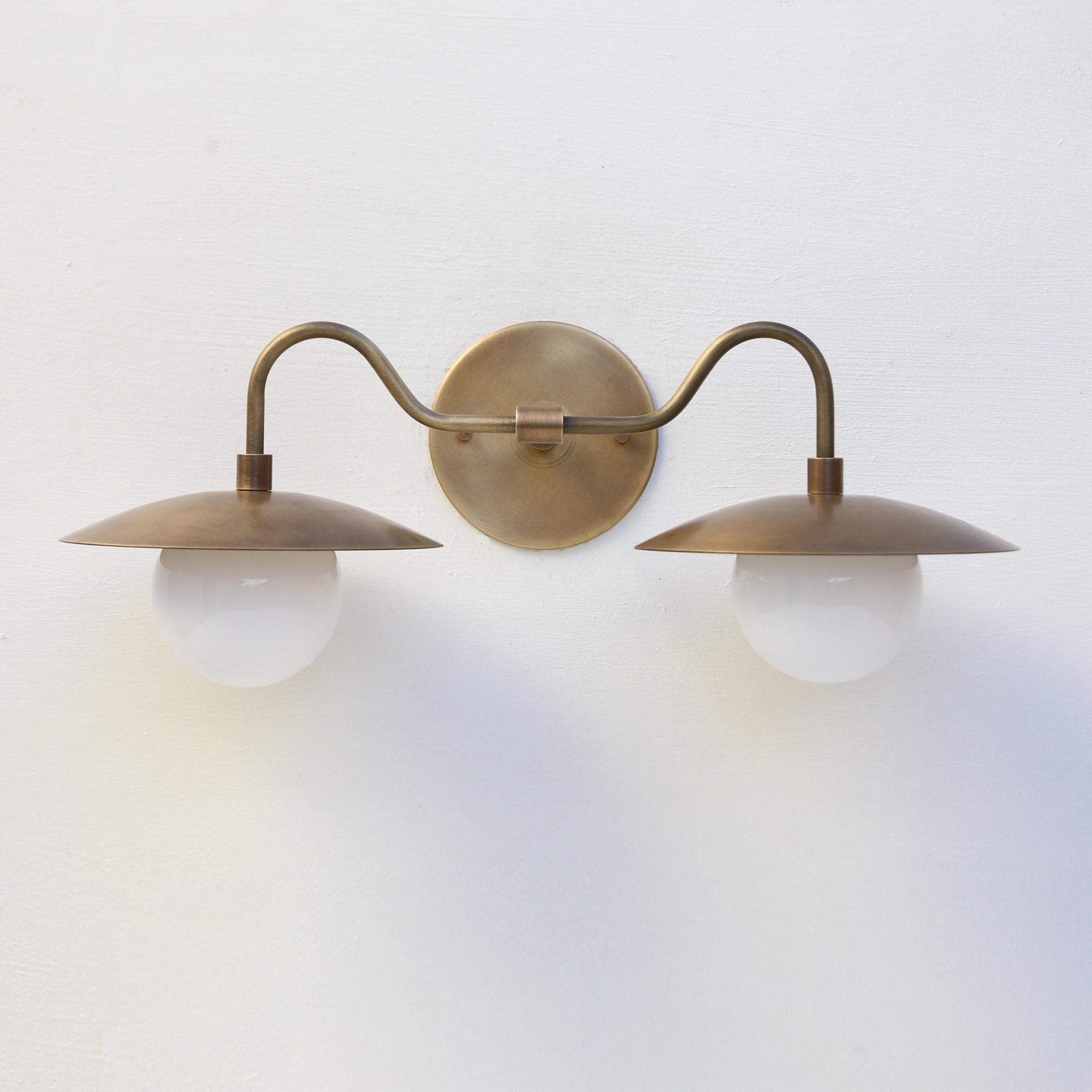 Two-Light Brass Gooseneck Wall Sconce with Opal Globes