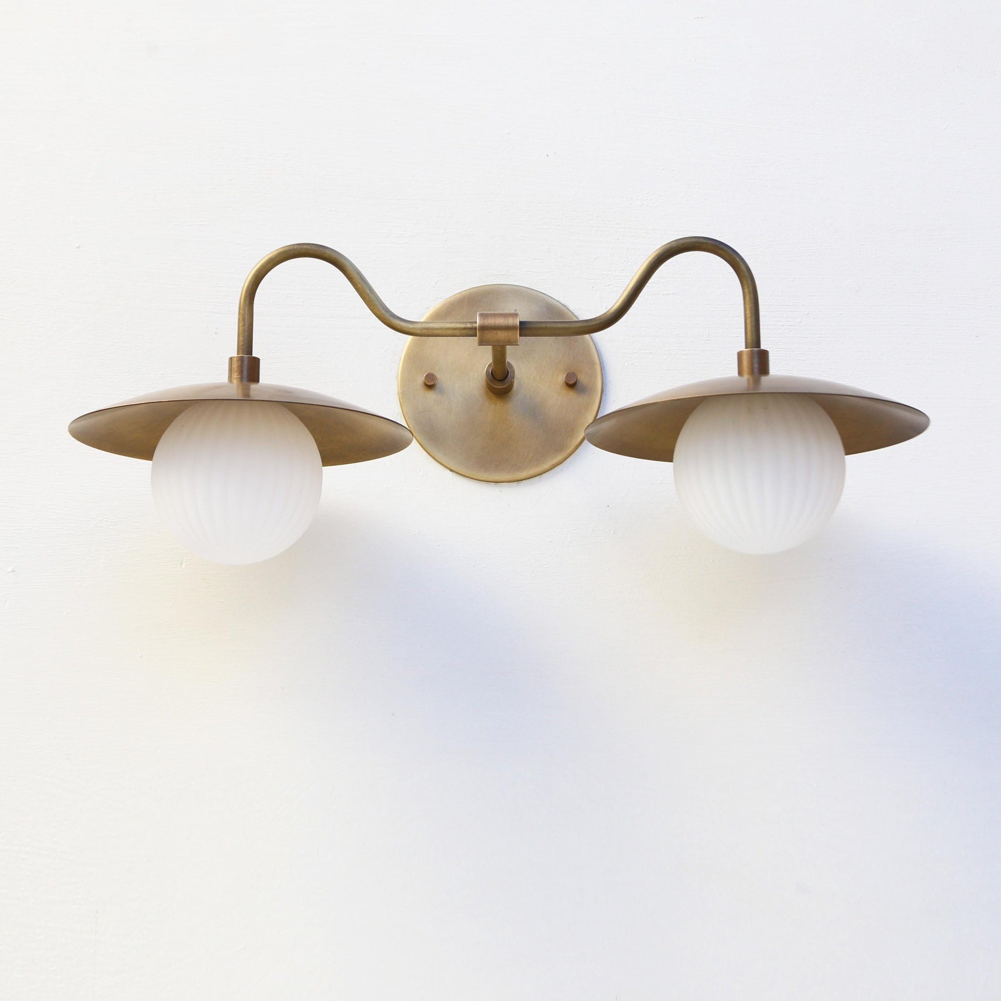 Two-Light Brass Gooseneck Wall Sconce with Opal Globes