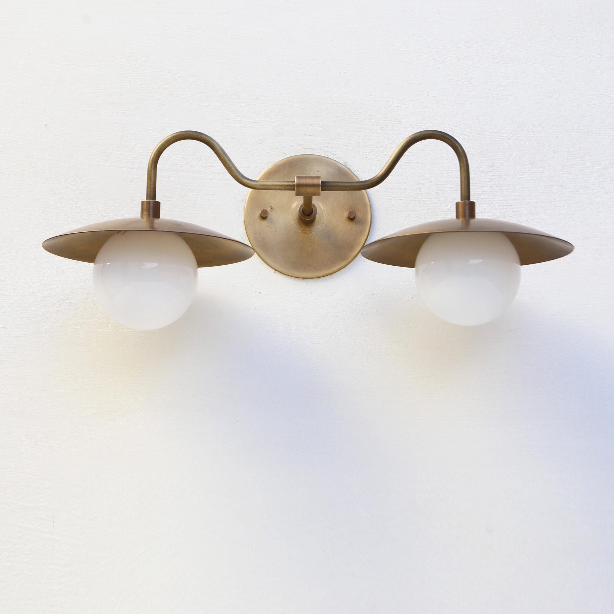 Two-Light Brass Gooseneck Wall Sconce with Opal Globes