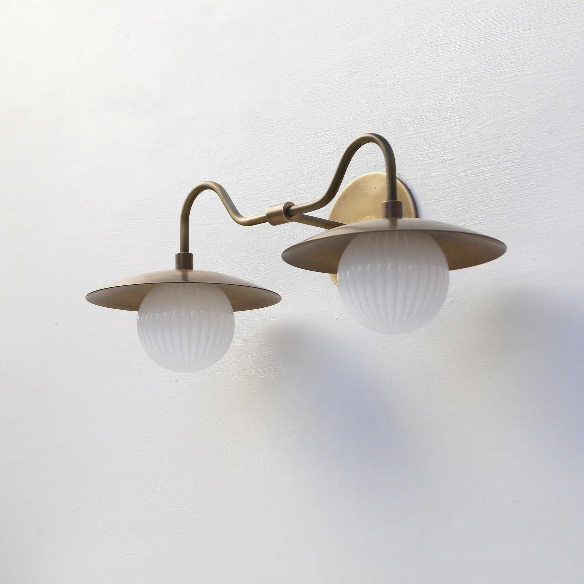 Two-Light Brass Gooseneck Wall Sconce with Opal Globes
