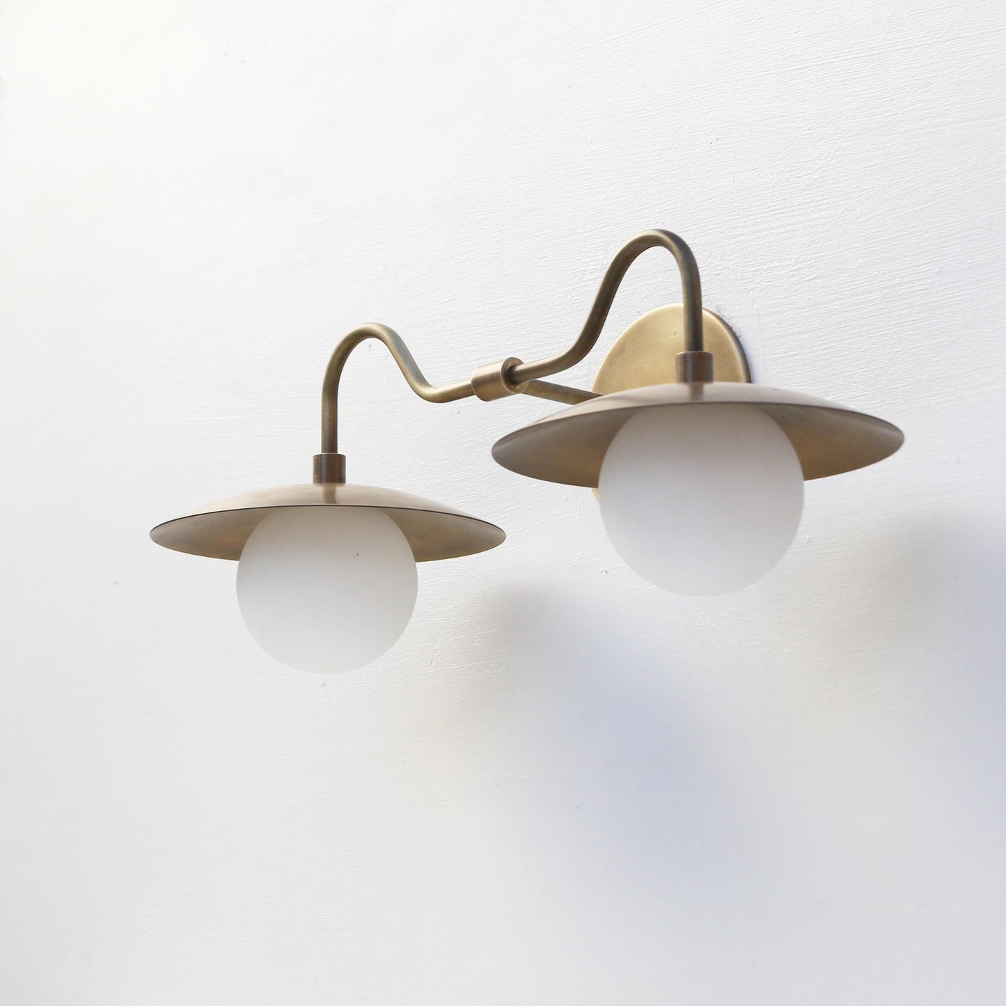Two-Light Brass Gooseneck Wall Sconce with Opal Globes