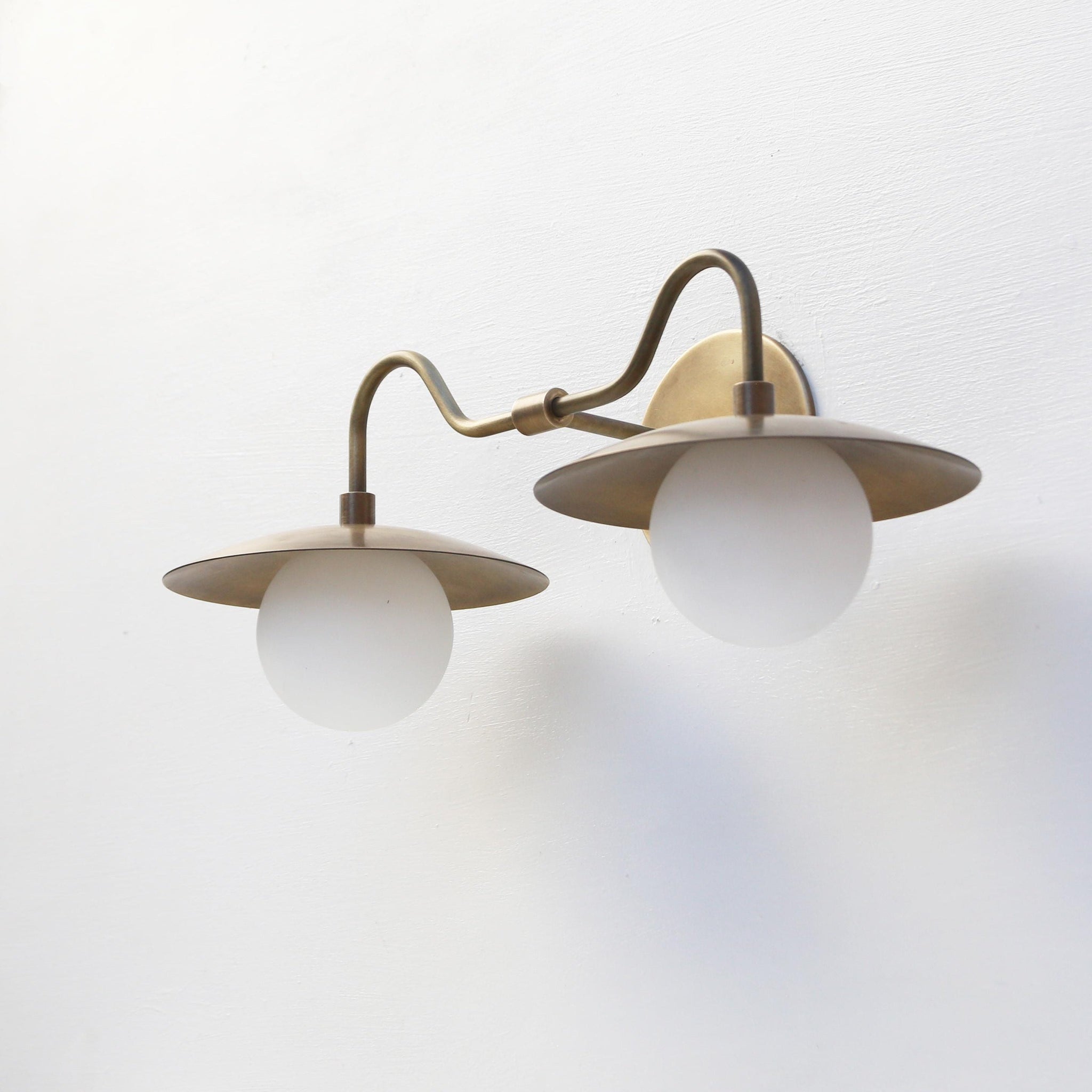 Two-Light Brass Gooseneck Wall Sconce with Opal Globes