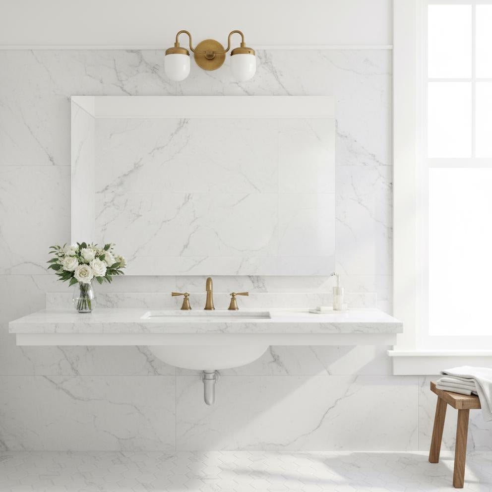 Two-Light Brass Vanity Sconce with Opal Capsule Shades