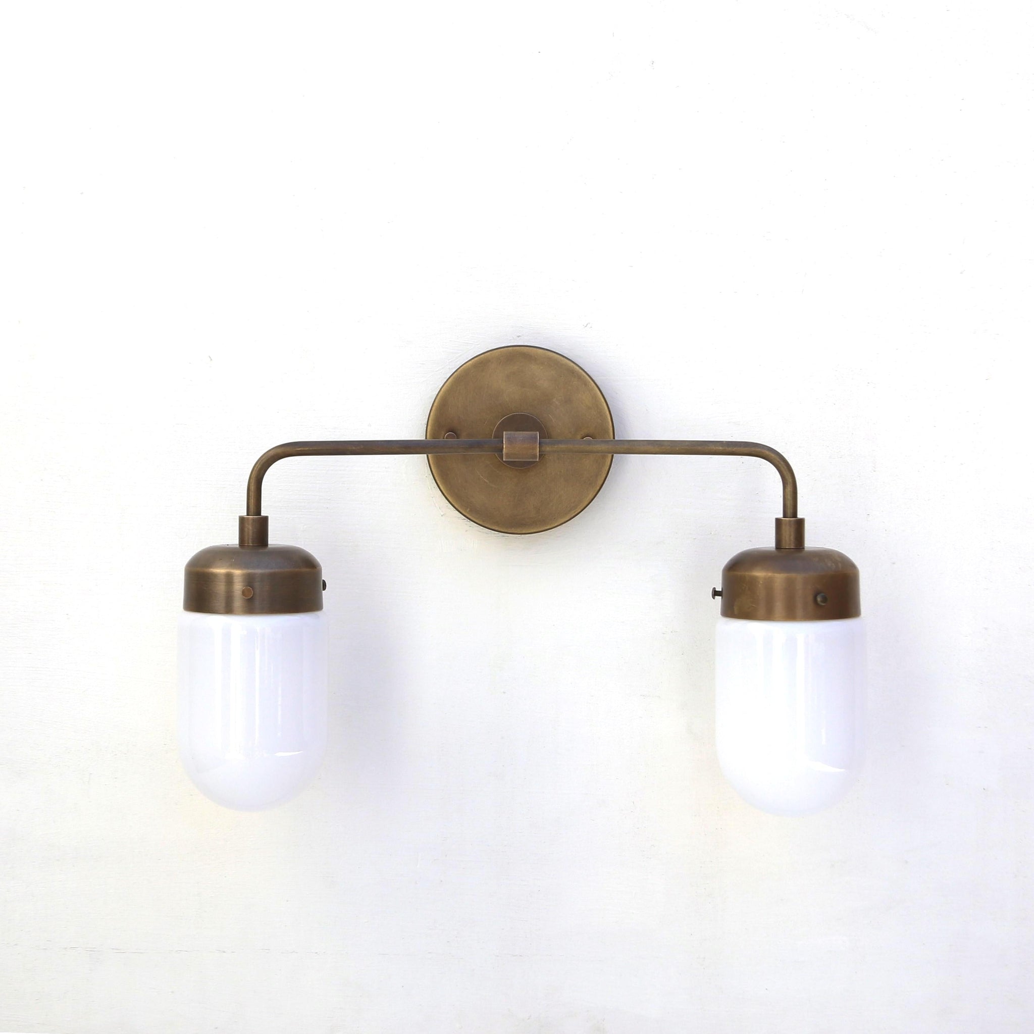 Two-Light Brass Vanity Wall Sconce with Opal Glass Shades