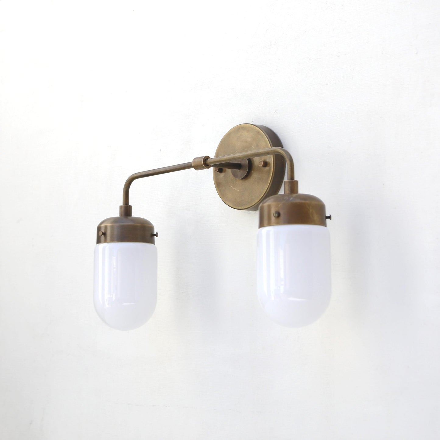 Two-Light Brass Vanity Wall Sconce with Opal Glass Shades