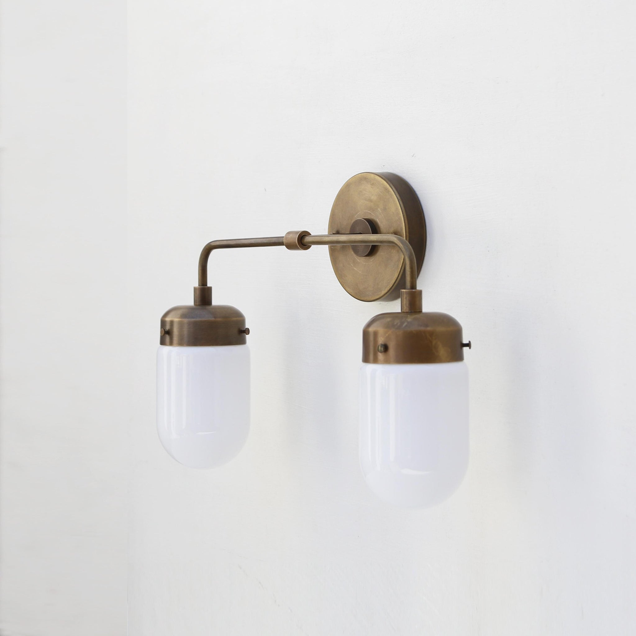 Two-Light Brass Vanity Wall Sconce with Opal Glass Shades