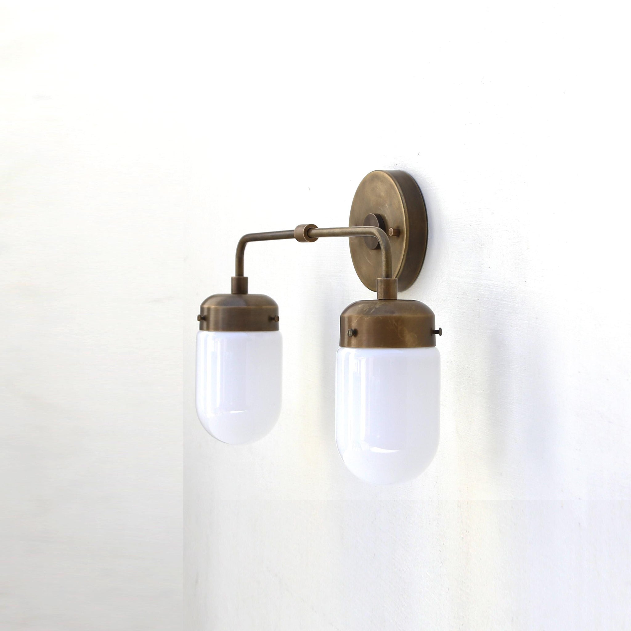 Two-Light Brass Vanity Wall Sconce with Opal Glass Shades