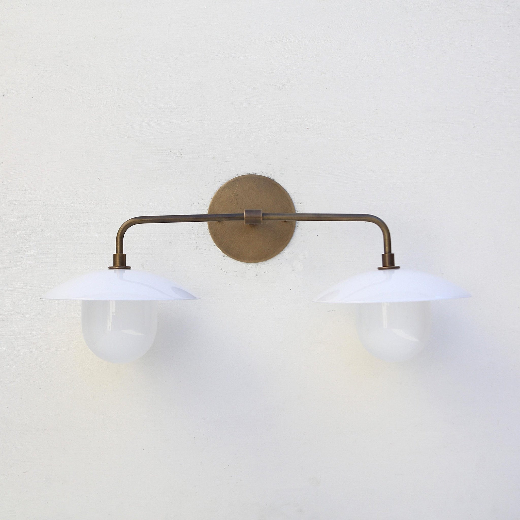 Two-Light Brass Wall Sconce with 8-Inch Opal Glass Cone Shades