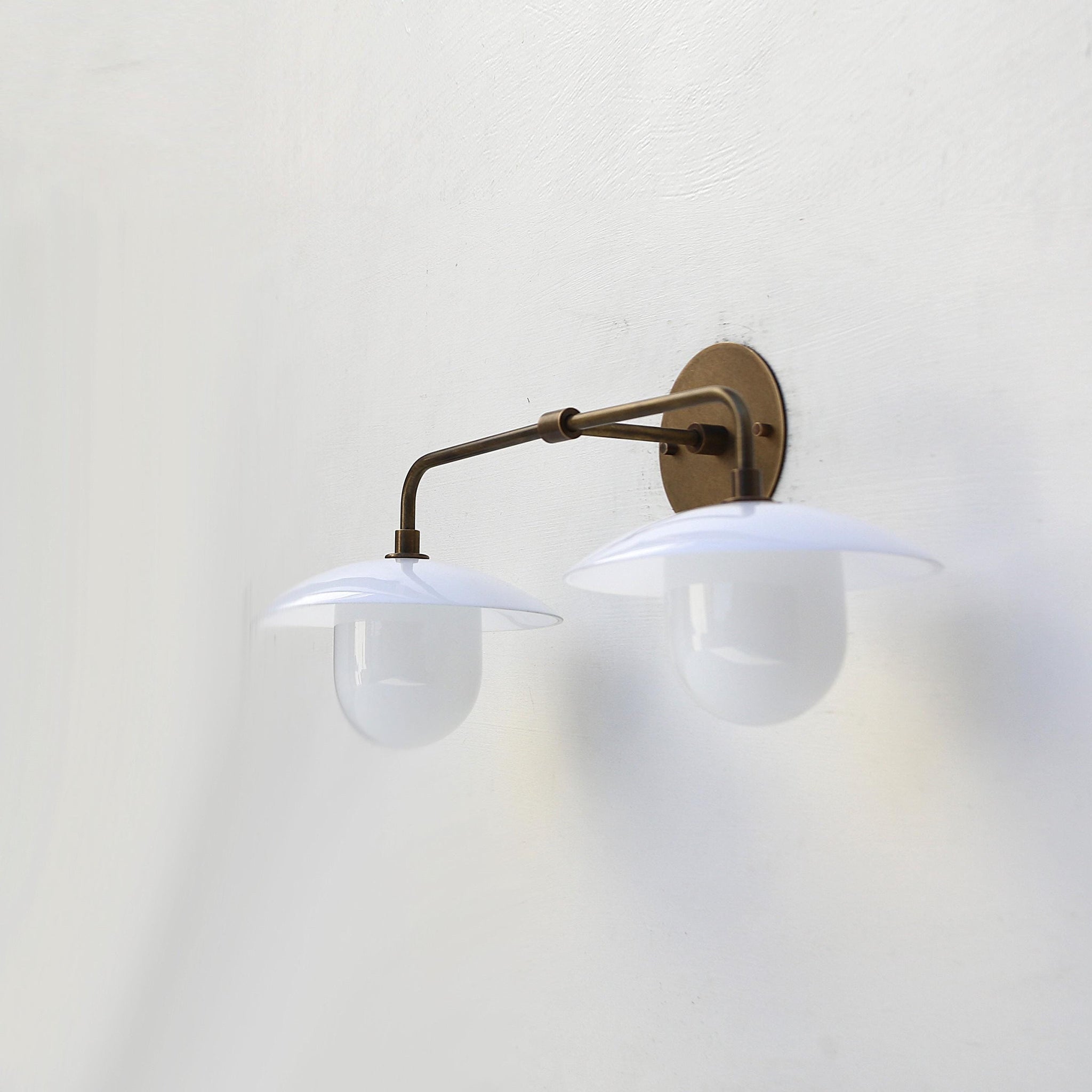 Two-Light Brass Wall Sconce with 8-Inch Opal Glass Cone Shades