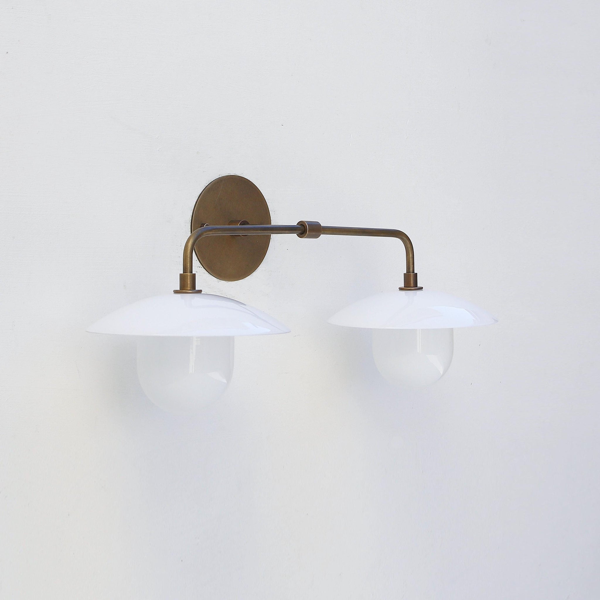 Two-Light Brass Wall Sconce with 8-Inch Opal Glass Cone Shades