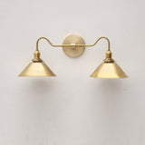 Two-Light Brass Wall Sconce with Curved Arms and Cone Shades