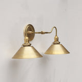 Two-Light Brass Wall Sconce with Curved Arms and Cone Shades