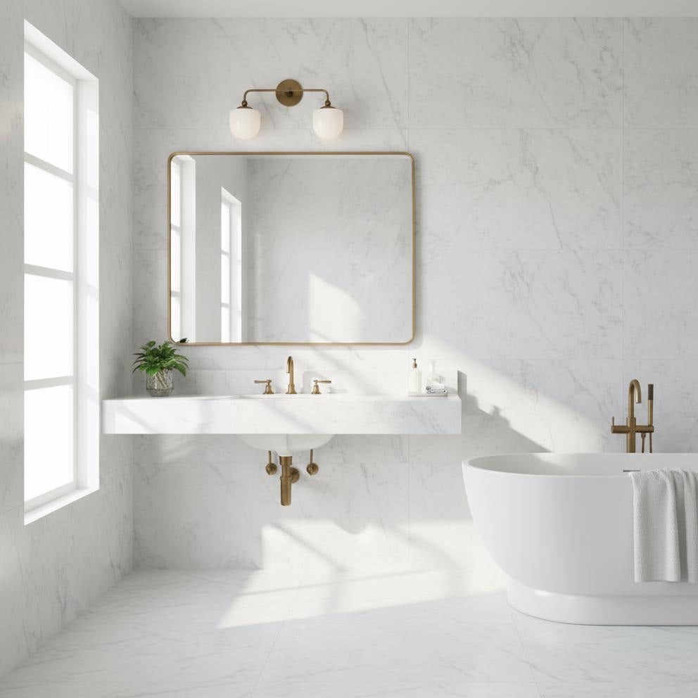 Two-Light Brass Wall Sconce with Opal Glass Globe Shades