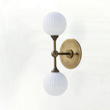 Two-Light Brass Wall Sconce with Stacked Ribbed Opal Globes