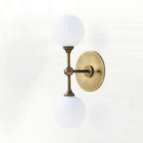Two-Light Brass Wall Sconce with Stacked Ribbed Opal Globes
