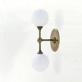 Two-Light Brass Wall Sconce with Stacked Ribbed Opal Globes