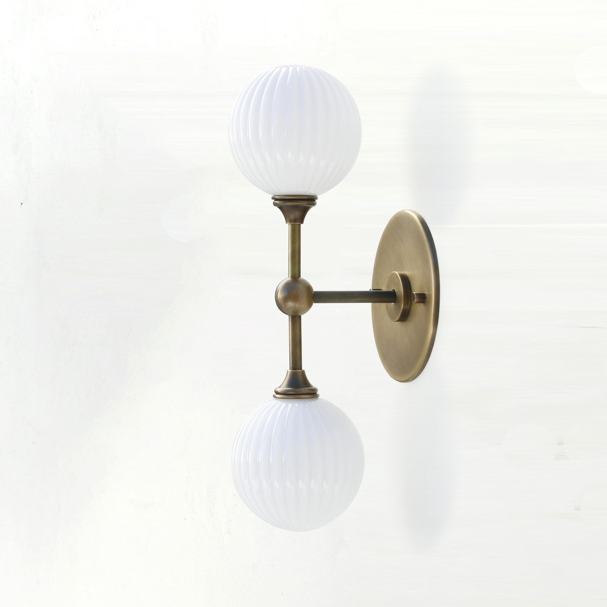 Two-Light Brass Wall Sconce with Stacked Ribbed Opal Globes