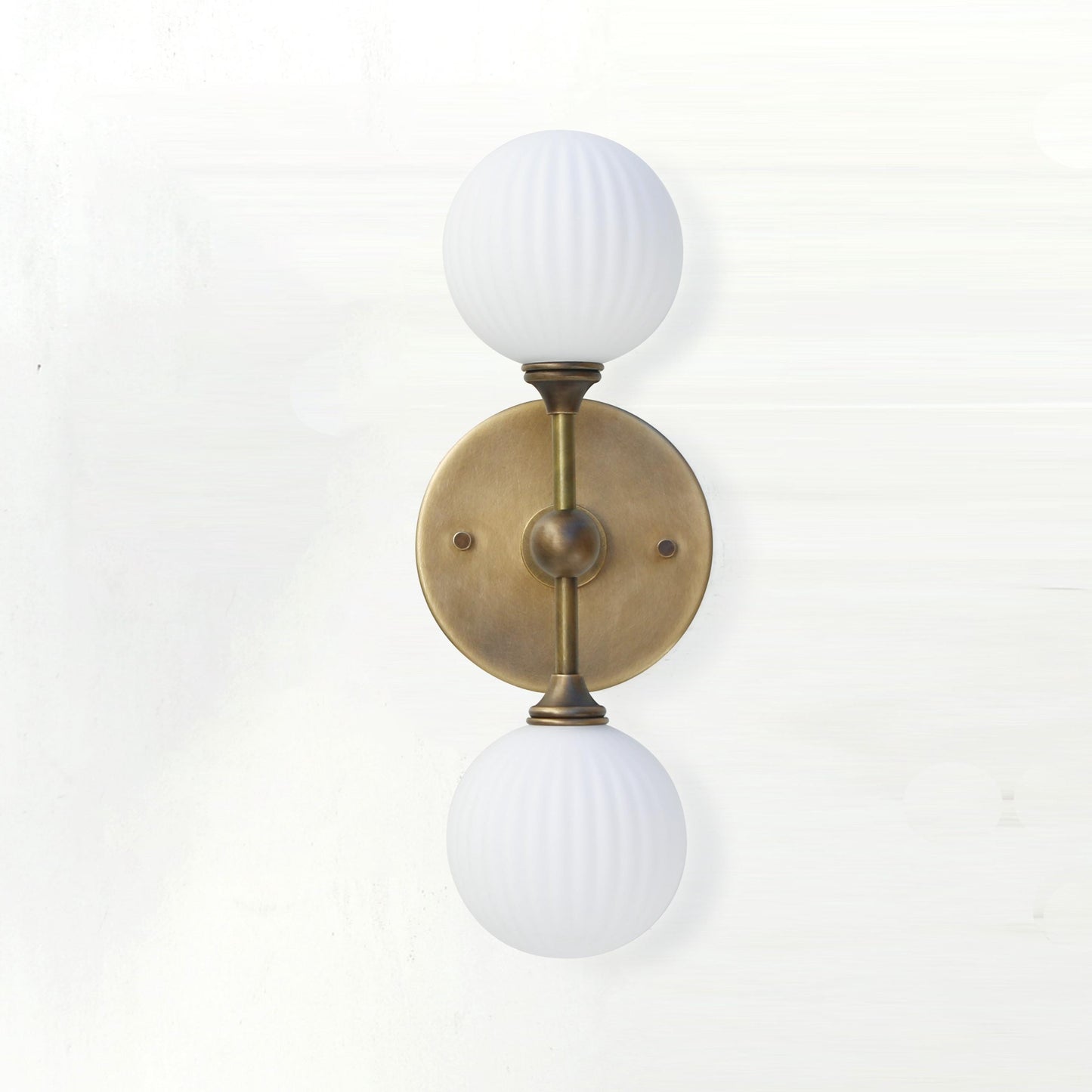 Two-Light Brass Wall Sconce with Stacked Ribbed Opal Globes