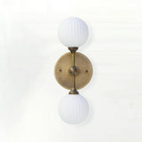 Two-Light Brass Wall Sconce with Stacked Ribbed Opal Globes