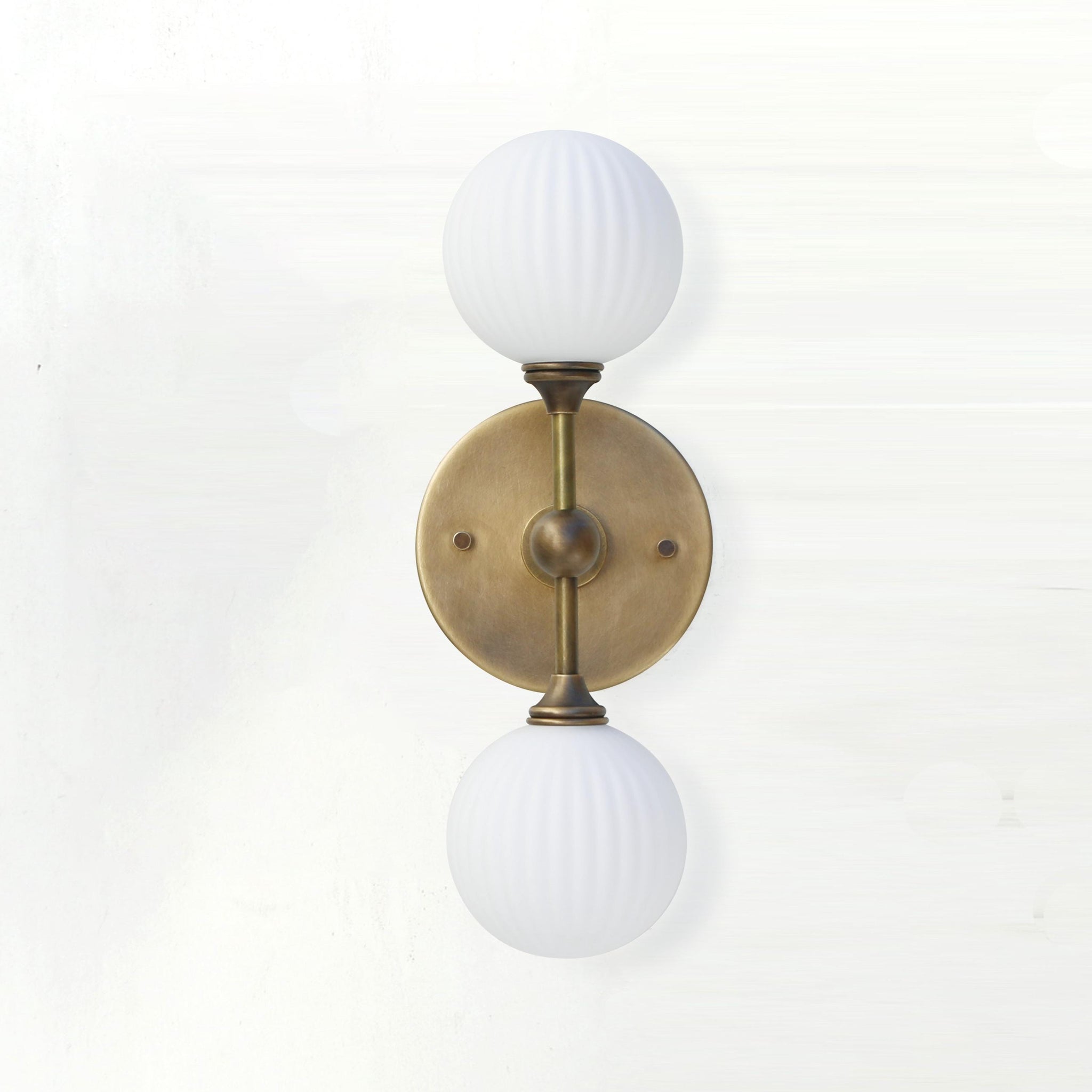 Two-Light Brass Wall Sconce with Stacked Ribbed Opal Globes