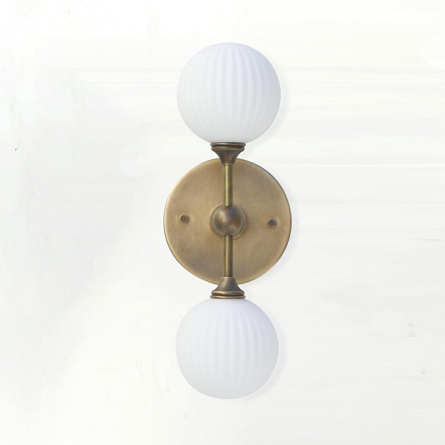 Two-Light Brass Wall Sconce with Stacked Ribbed Opal Globes