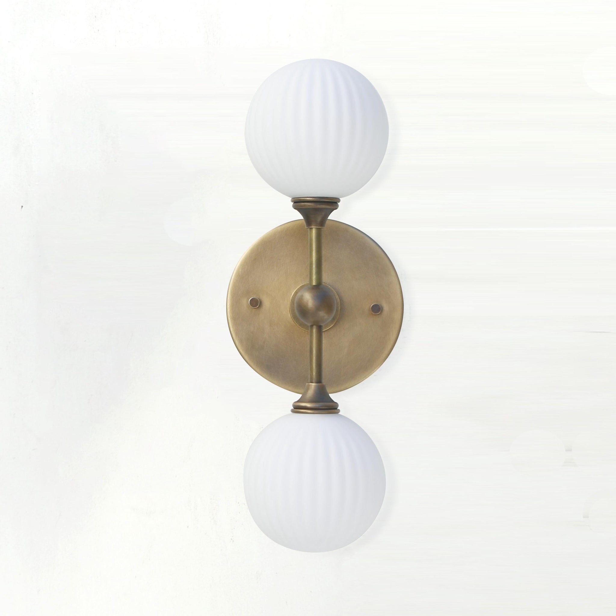 Two-Light Brass Wall Sconce with Stacked Ribbed Opal Globes