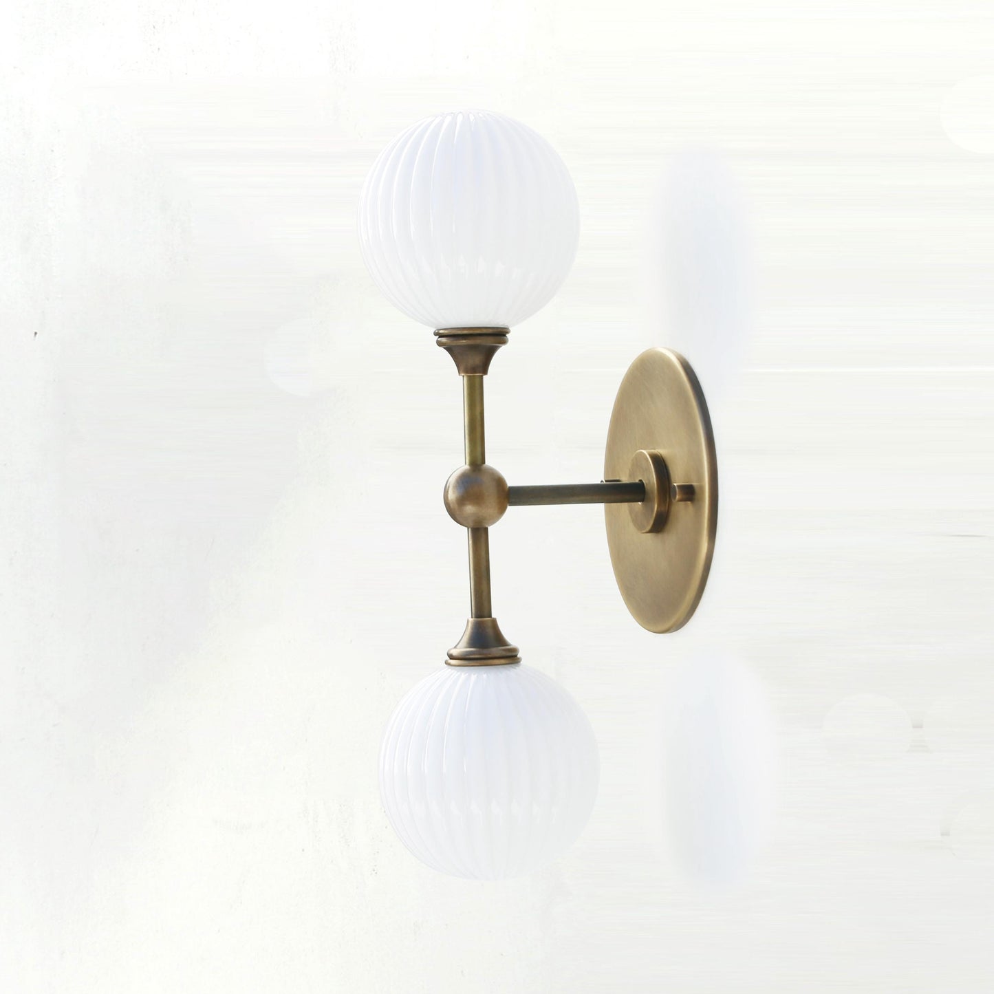Two-Light Brass Wall Sconce with Stacked Ribbed Opal Globes