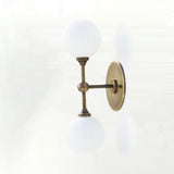 Two-Light Brass Wall Sconce with Stacked Ribbed Opal Globes