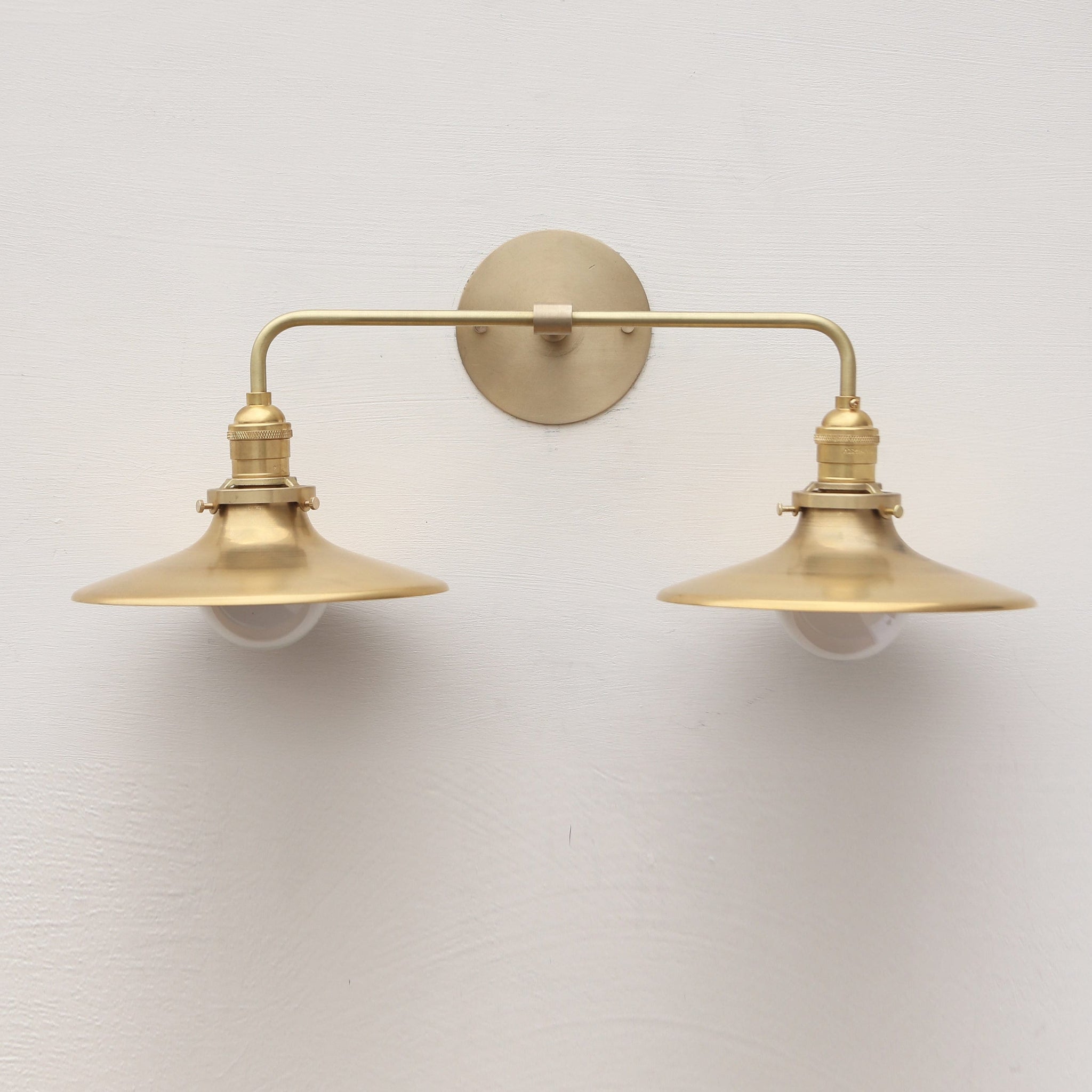 Two-Light Brass Wall Sconce with Wide Coolie Shades