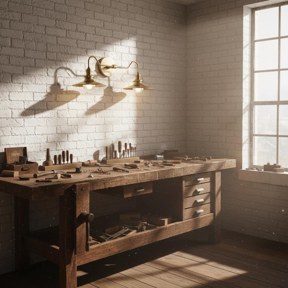 Two-Light Industrial Brass Shade Wall Sconce