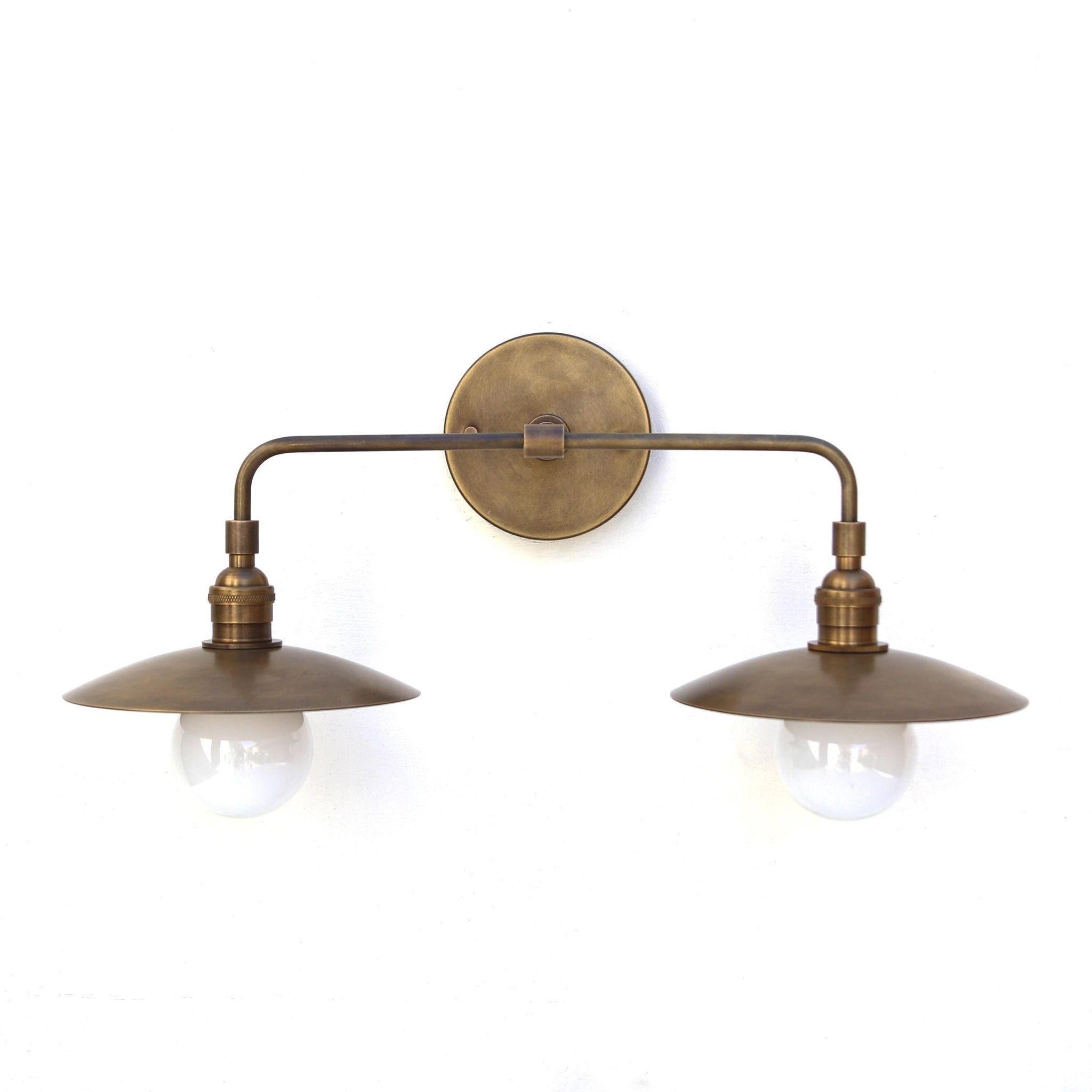 Two-Light Industrial Brass Wall Sconce with Cone Shades