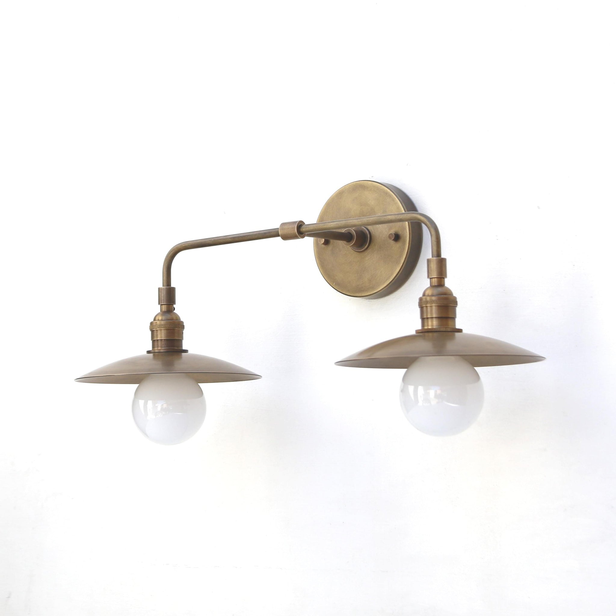 Two-Light Industrial Brass Wall Sconce with Cone Shades